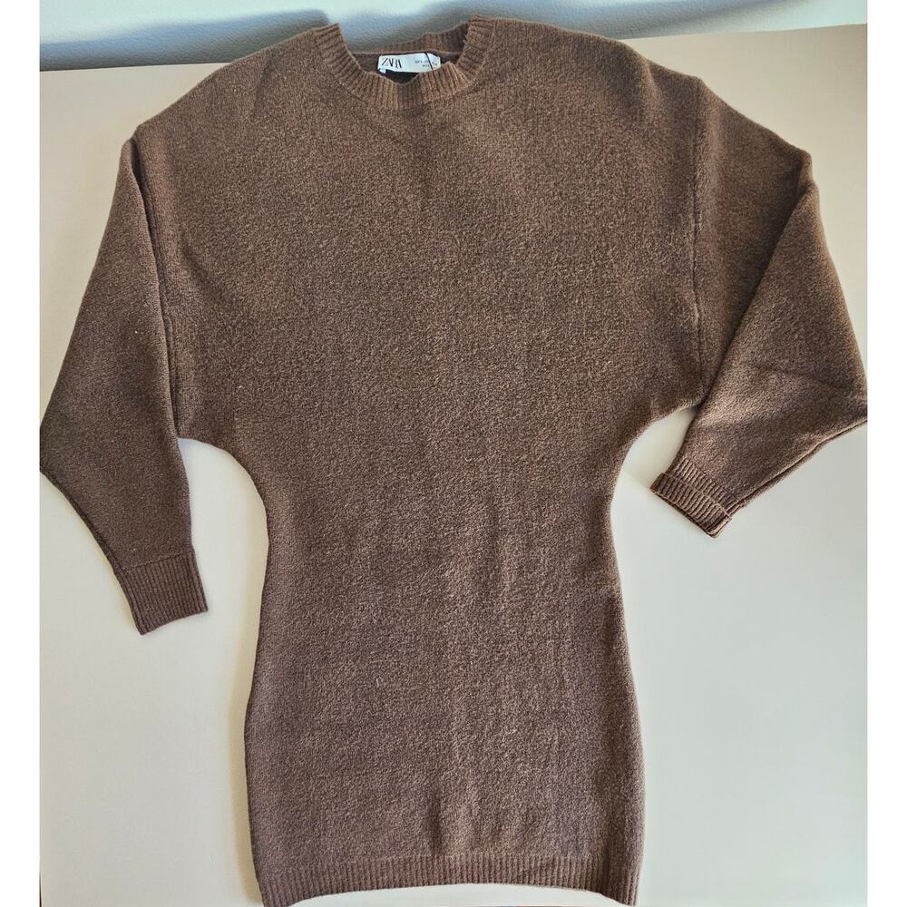 NWT ZARA Women's Wool Blend Brown Knit Sweater Mini Dress S